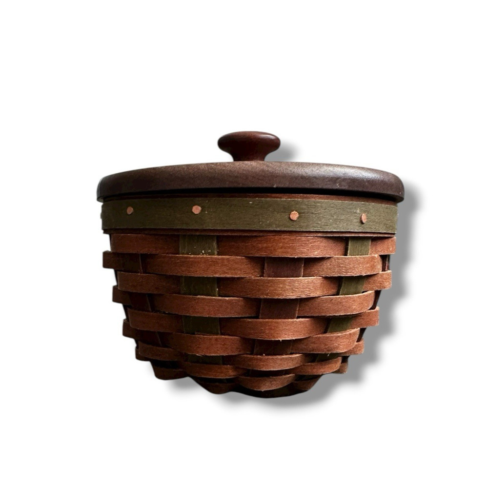 Longaberger Vintage Warm Brown Green Splint Small Bowl Basket Lid & Protector